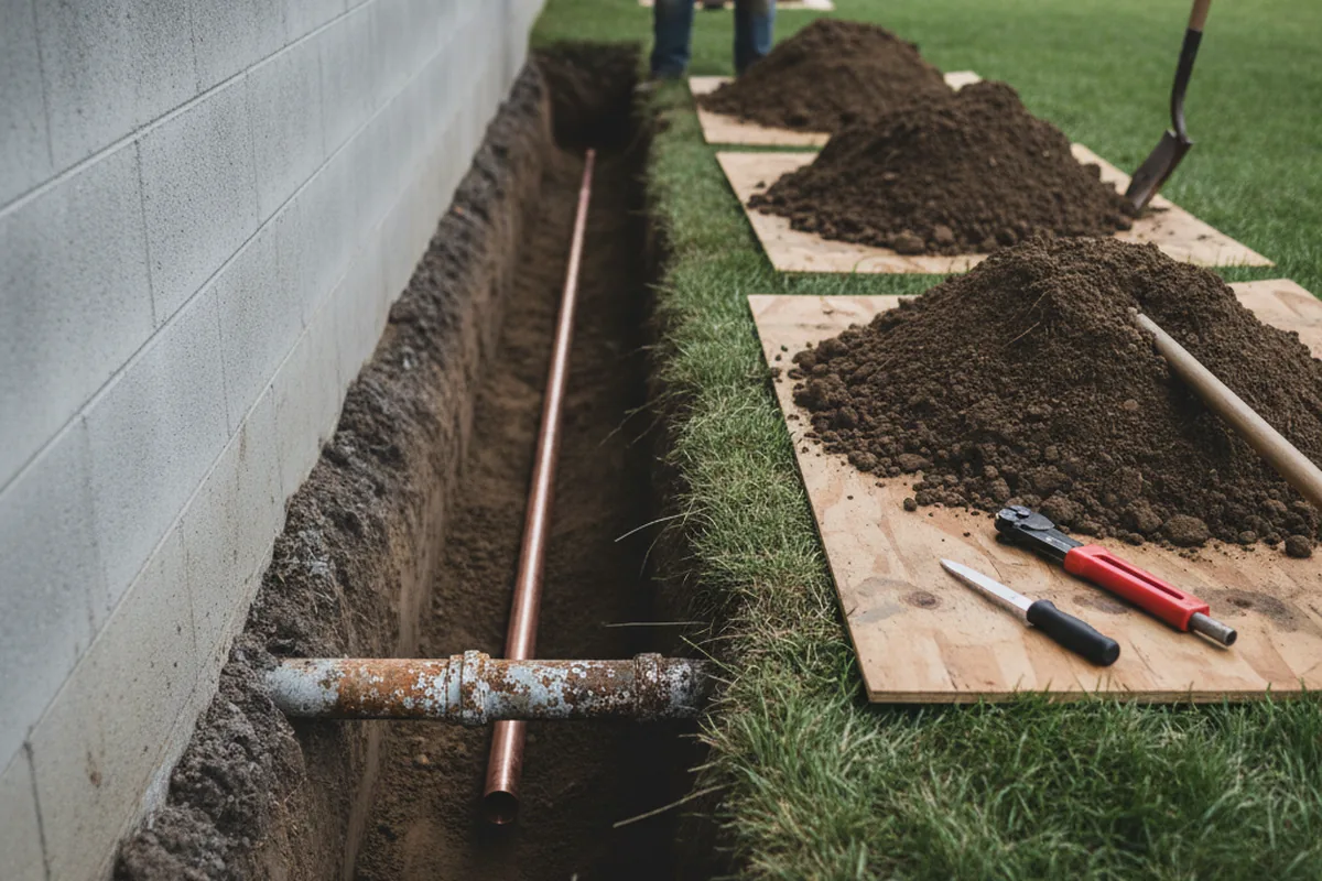 Excavated water line trench during Sewer Line Repair in Shelter Island Heights